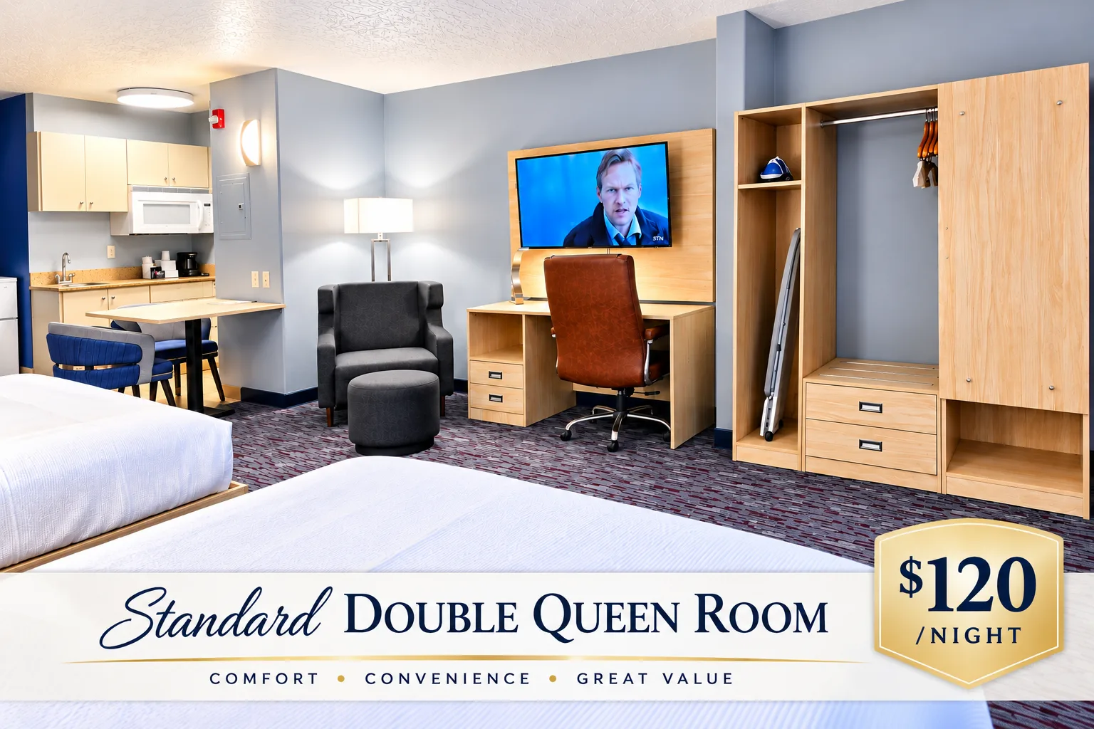 Studio Two Queen with a kitchenette, dining table, desk and armchair — $120 a night at Best Western Vernal Inn, Vernal Utah