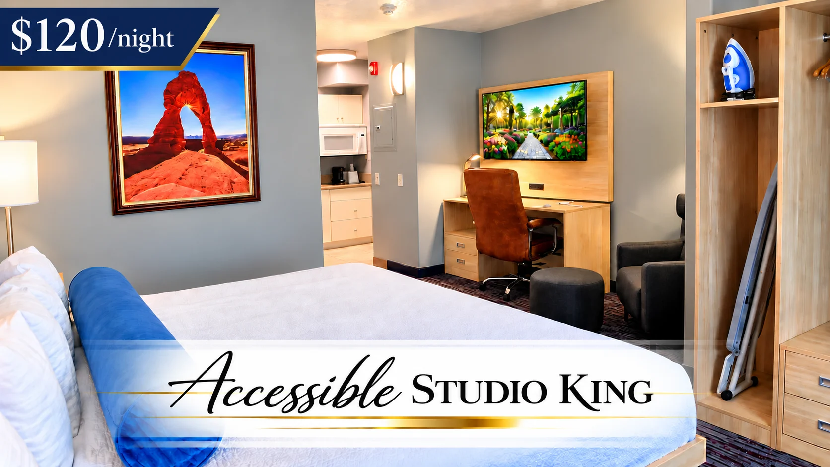 Accessible Studio King with a king bed, kitchenette, desk, armchair and open closet — $120 a night at Best Western Vernal Inn, Vernal Utah