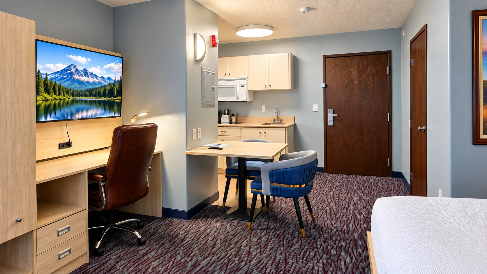 Studio King showing desk, TV, dining table, kitchenette and entry door — Best Western Vernal Inn, Vernal Utah